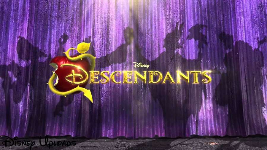 Disney Descendants title with apple logo and character silhouettes on purple curtain. — Descendants Background