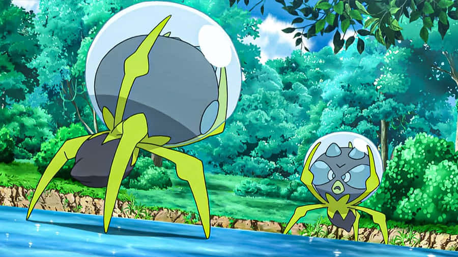 Kaksi hämähäkki-Pokémonia kuplakypäröineen lähellä jokea metsässä. — Työpöytä Taustakuvat