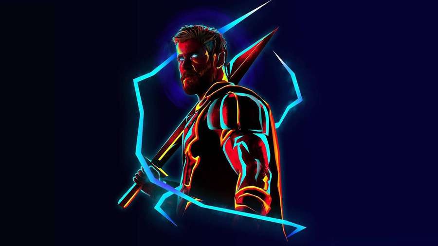 Super-herói com contorno neon segurando uma espada brilhante em fundo escuro — Desktop Avengers Papéis de Parede