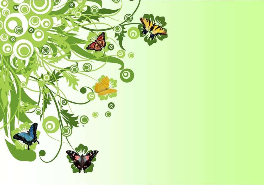Redemoinhos verdes decorativos e borboletas em um fundo gradiente. — Desktop Butterfly Papéis de Parede