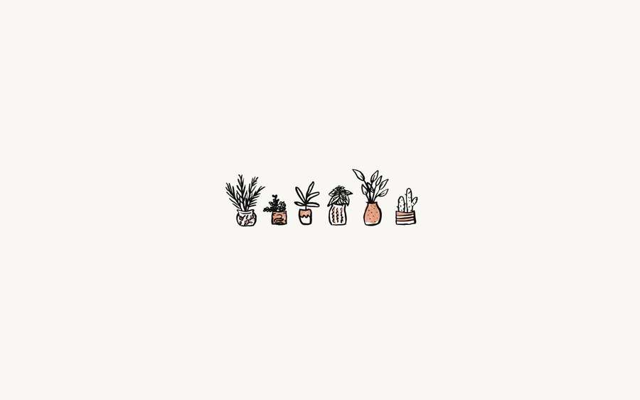 Seis plantas envasadas ilustradas em uma fileira sobre um fundo claro. — Desktop estético simples e bonito Papéis de Parede