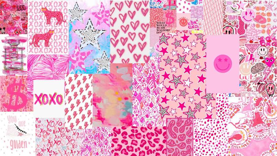 Colagem de papel de parede rosa estampado com corações, estrelas e rostos sorridentes. — Desktop Preppy Papéis de Parede