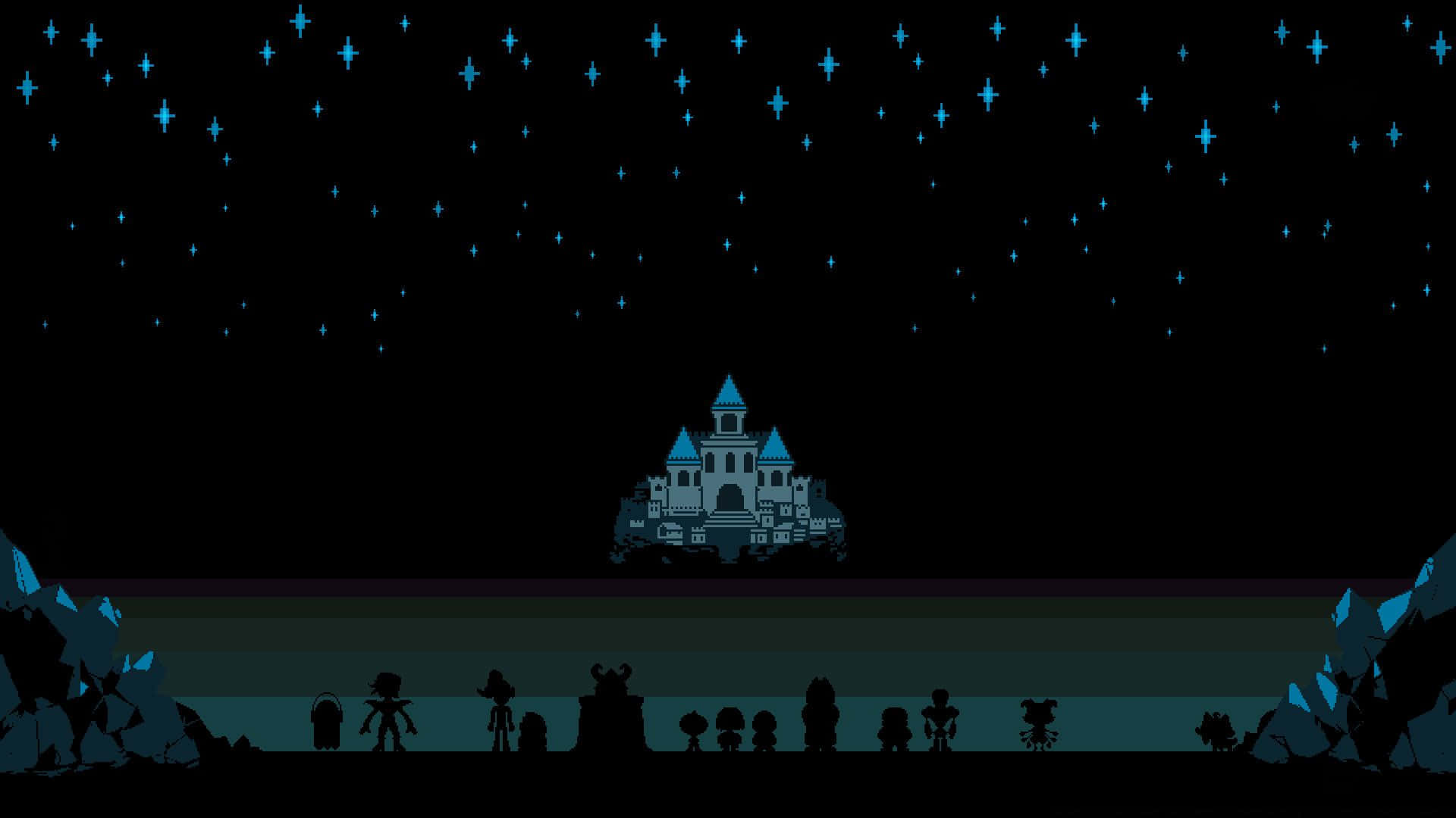 Aventureiros silhuetados enfrentam um castelo brilhante sob um céu noturno estrelado. — Desktop Undertale Papéis de Parede