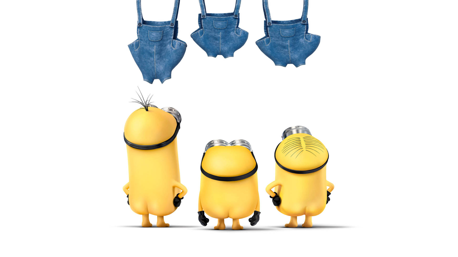 Three yellow cartoon Minions looking up at hanging denim overalls. — Despicable Background