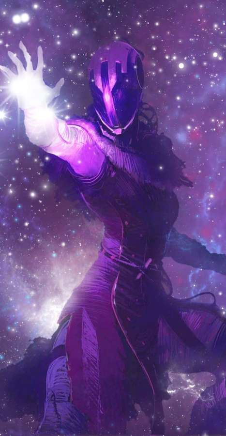 A purple armored figure emits bright energy in a star-filled space scene. — Destiny 2 Warlock Wallpaper