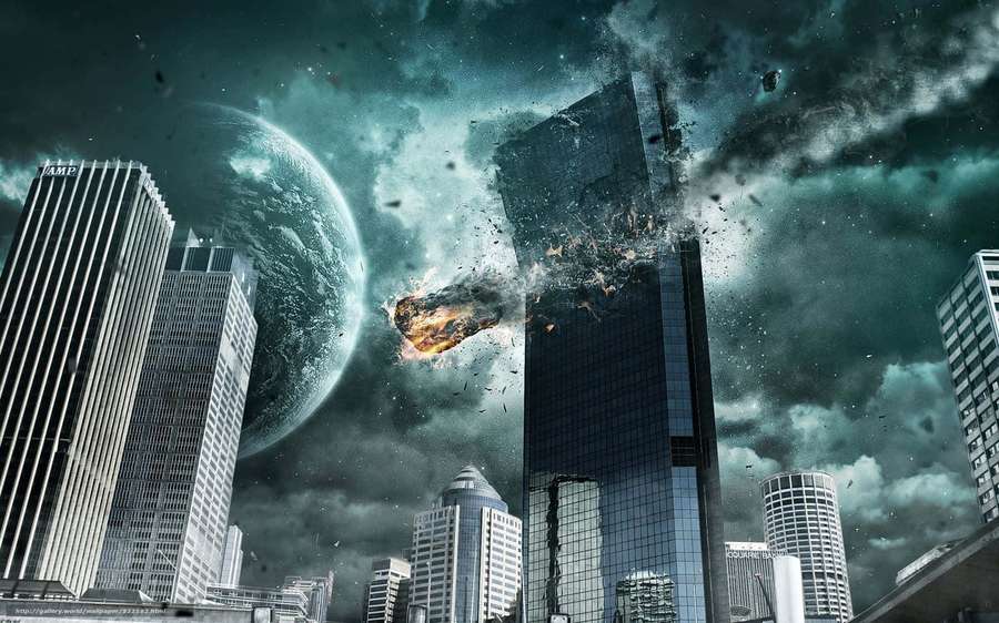 A city skyscraper explodes as a meteor crashes through a stormy sky with a planet visible. — Destroyed City Background