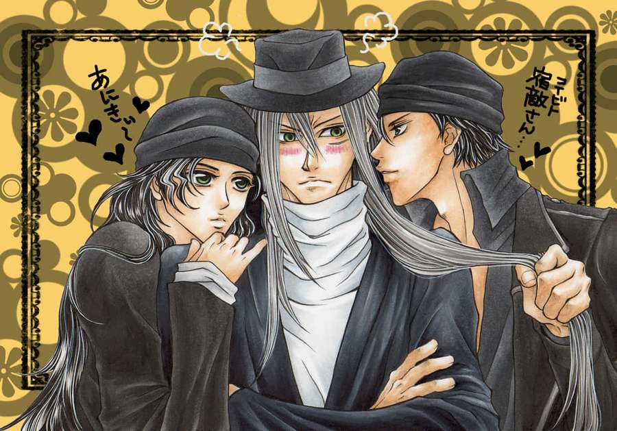 Three anime characters in black hats and coats against a golden floral background. — Detective Conan Gin Wallpaper