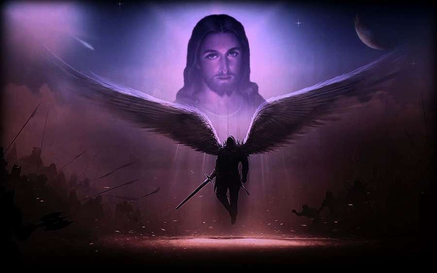 Um anjo alado com uma espada voa em direção a um rosto divino brilhante acima de um campo de batalha. — Deus Jesus Papéis de Parede