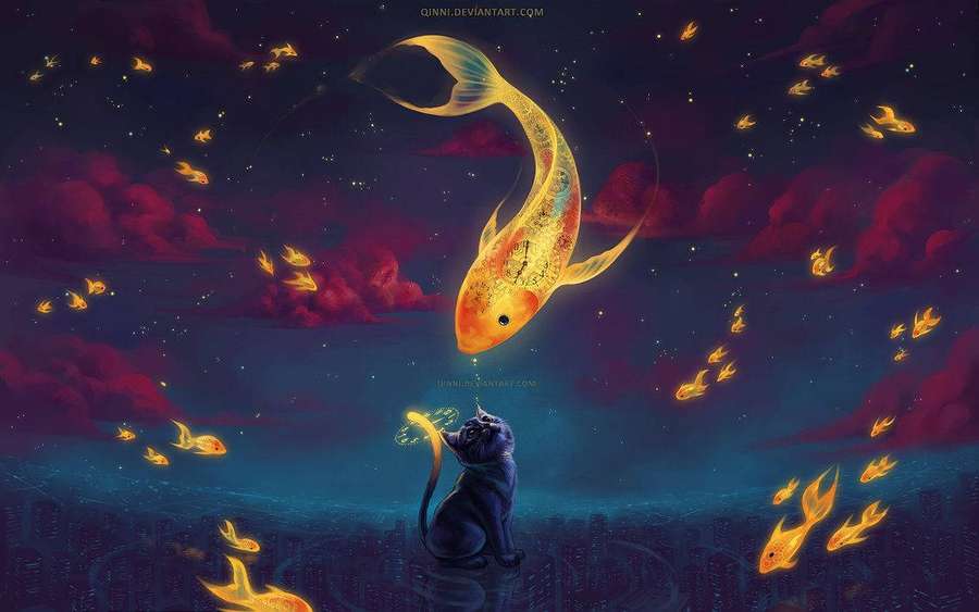 Black cat watching glowing koi fish swim in a starry night sky over a city. — Deviantart Background