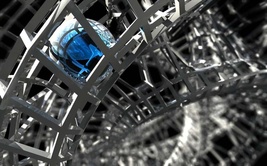 Una sfera blu luminosa circondata da una struttura reticolare metallica. — Device Sfondi