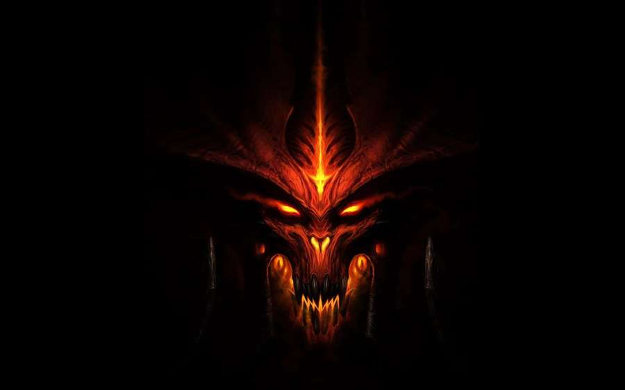 Fiery demonic face with glowing eyes and sharp teeth against black background — Devil Background