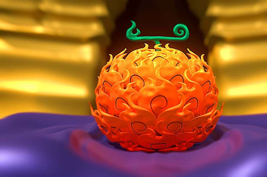 A fiery orange anime fruit with black swirls and green stem on purple cloth. — Devil Fruit Wallpaper