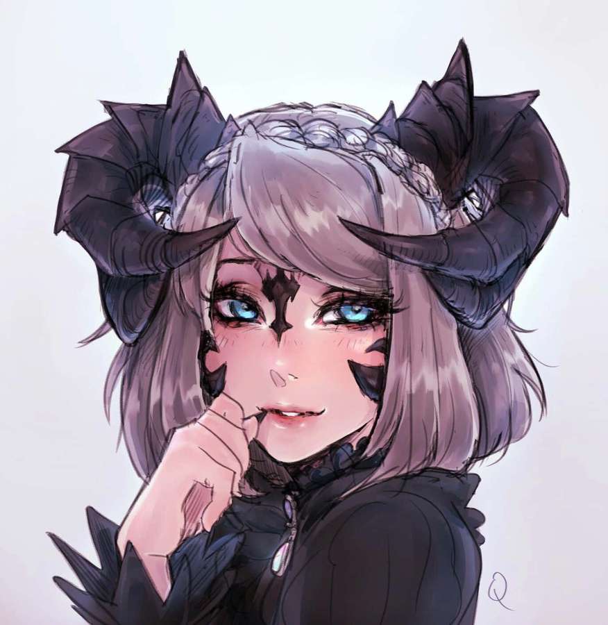 Anime girl with gray hair and black horns resting her chin on her hand. — Devil Girl Wallpaper