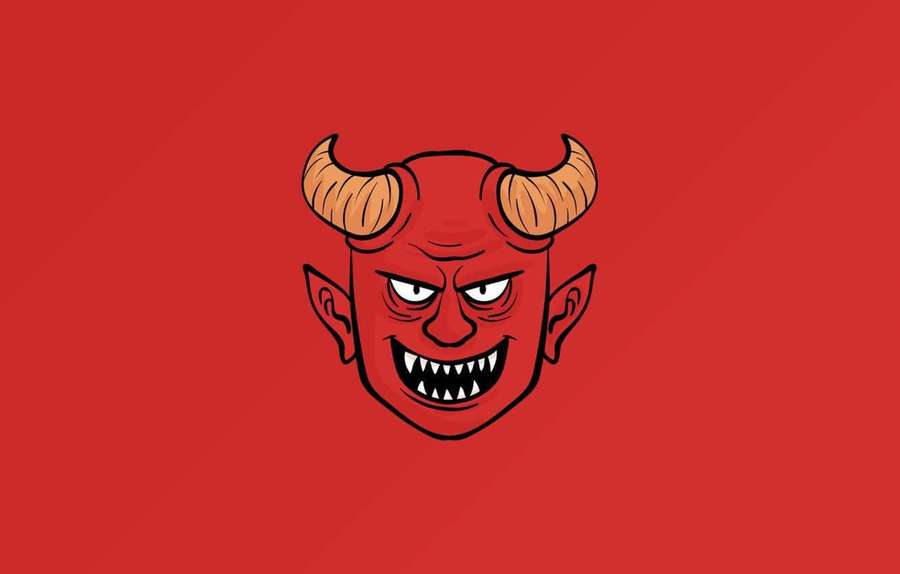 An angry cartoon devil face with horns and sharp teeth on a red background. — Devil Horns Background