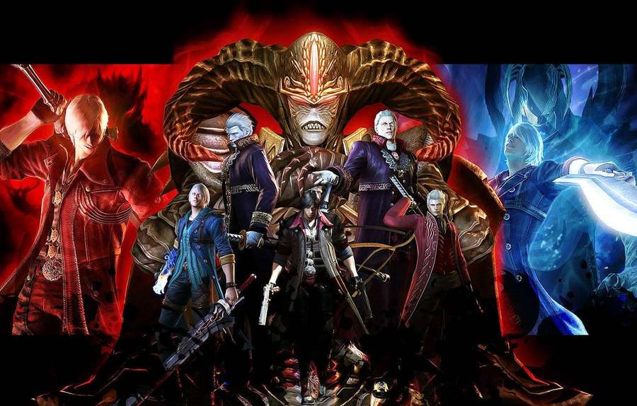 Anime characters in combat with a demonic boss in red and blue lighting. — Devil May Cry Wallpaper