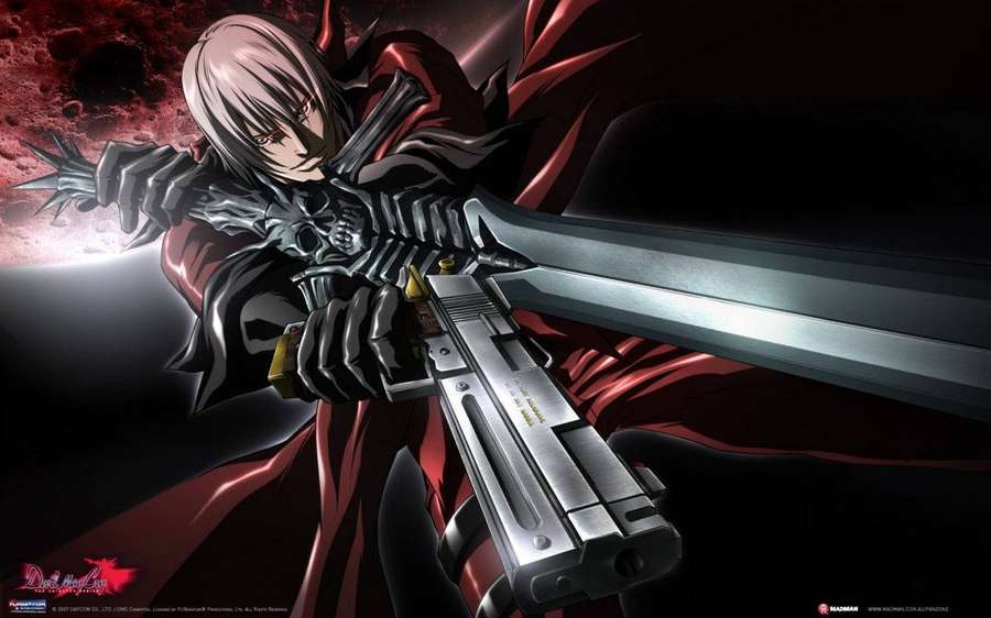 Anime-Charakter mit blonden Haaren und rotem Umhang hält eine große silberne Waffe im Weltraum — Devil May Cry Bilder