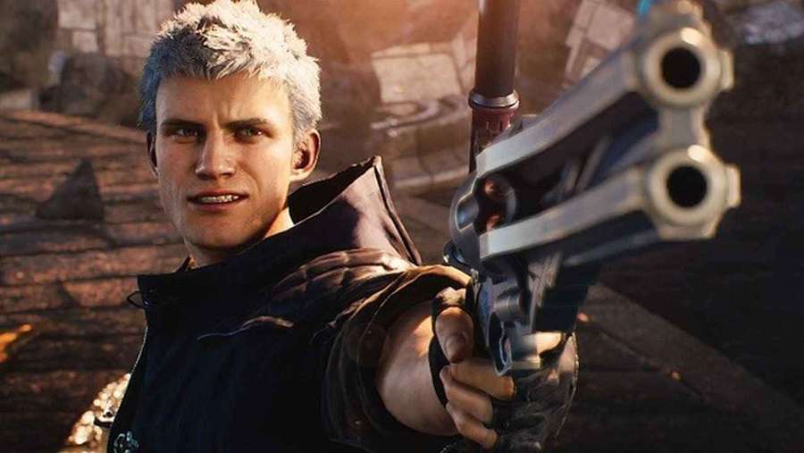 A video game character with silver hair aims a revolver at the viewer in a stone ruin. — Devil May Cry Characters Wallpaper