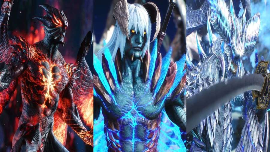 Kolme demonista soturia hehkuvissa haarniskoissa seisoo valmiina taisteluun. — Devil May Cry -hahmot Taustakuvat