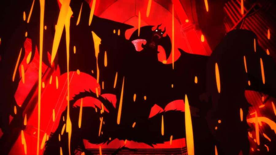 A demonic figure with glowing eyes surrounded by falling fire in a dark red setting. — Devilman Crybaby Amon Wallpaper