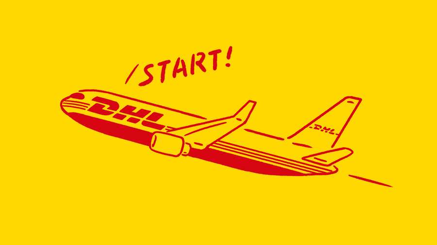 Rote DHL-Flugzeugillustration mit START-Text auf gelbem Hintergrund — Dhl Bilder