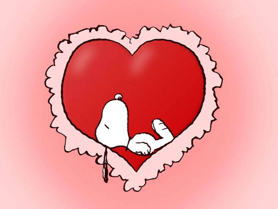 Un perro de dibujos animados durmiendo dentro de un corazón rojo con un borde rosa con volantes. — Día de San Valentín Fondos de pantalla