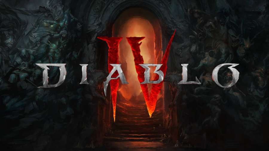 Diablo IV game logo with fiery red lettering in a dark dungeon entrance. — Diablo 4 Wallpaper