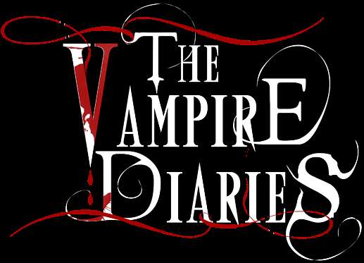 The Vampire Diaries logo with white gothic text and red blood swirls on black. — Diary PNG