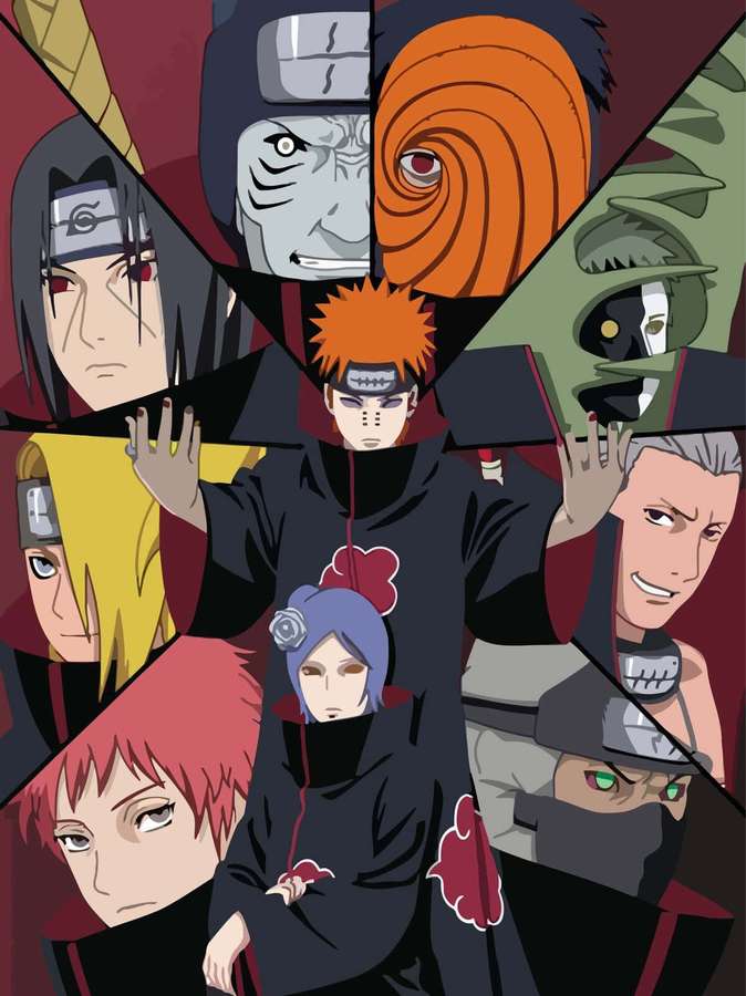 Personajes de anime de la organización Akatsuki con capas negras y nubes rojas. — Dibujo de Akatsuki Fondos de pantalla