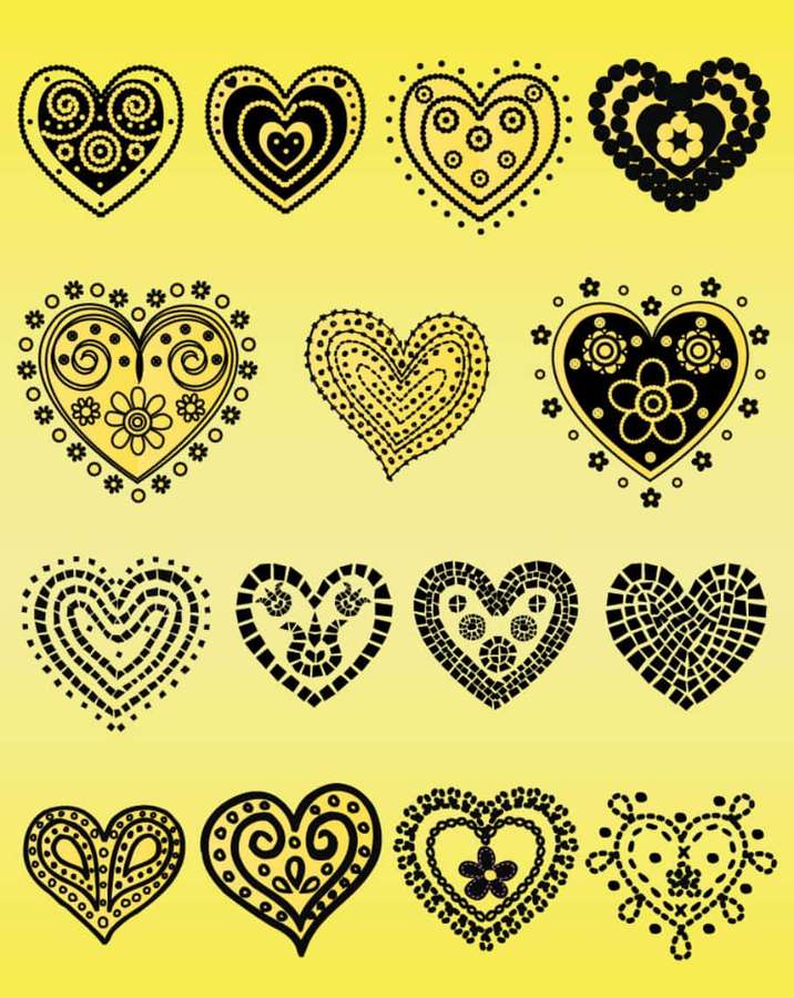 Doce corazones negros estilizados con patrones detallados sobre un fondo amarillo. — Dibujo de corazón Fondos de pantalla