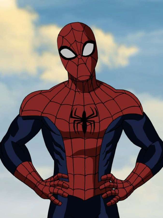 Spider-Man con traje rojo y azul de pie con las manos en las caderas contra el cielo nublado. — Dibujo Fondos de pantalla