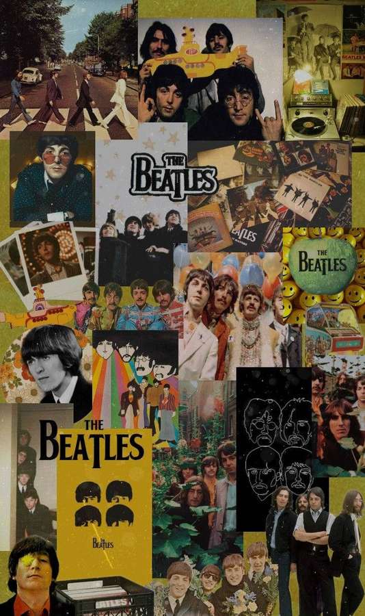 Vintage-Beatles-Collage mit Fotos, Albumcovern und Memorabilien. — Die Beatles Wallpaper