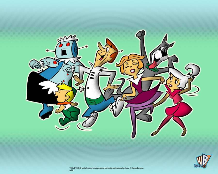 Die Familie Jetsons und der Roboterbutler tanzen energisch vor einem türkisfarbenen Hintergrund. — Die Jetsons Wallpaper