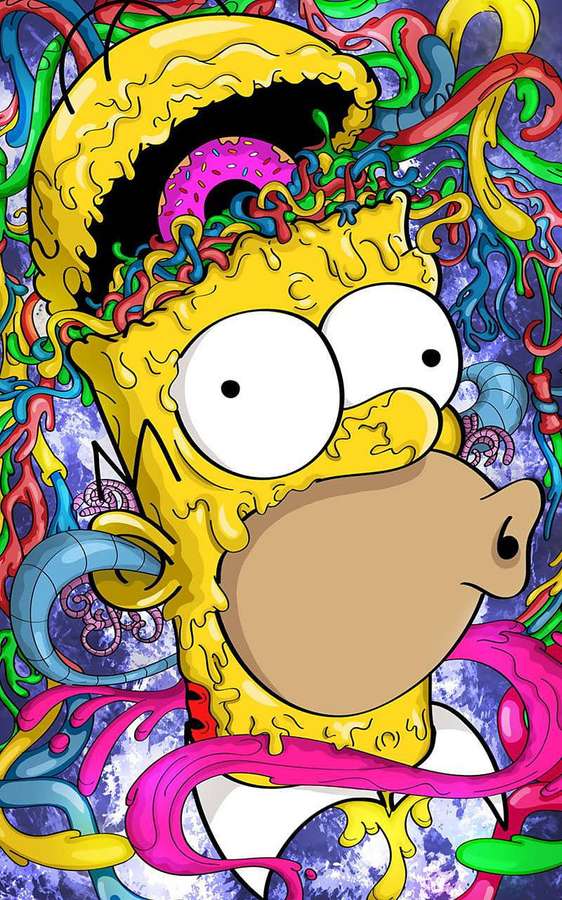 Homer Simpson bedeckt mit Süßigkeiten und Sirup vor einem kosmischen Hintergrund. — Die Simpsons Wallpaper