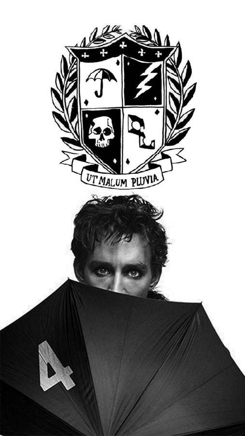 Mann hält Regenschirm mit Wappen über dem Kopf mit Totenkopf- und Blitzsymbolen. — Die Umbrella Academy Wallpaper