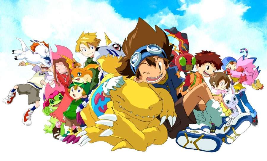Personagens de anime e seus parceiros monstros digitais posando juntos sob um céu azul. — Digimon Papéis de Parede