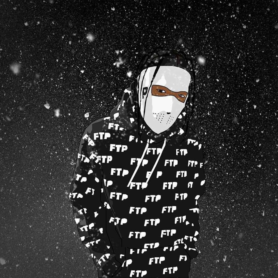 Person in Hoodie und Maske, die nachts im Schnee steht. — Digital Wallpaper