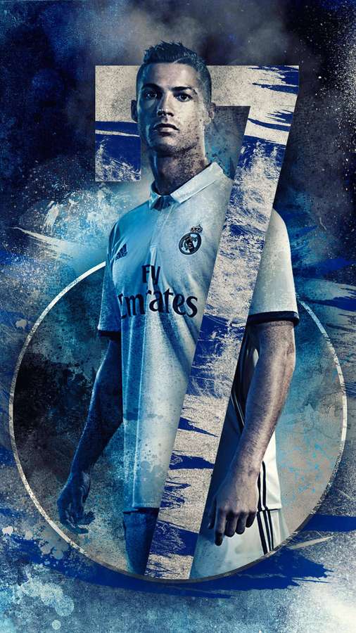 Fußballspieler in weißem Real Madrid-Trikot vor abstraktem blauen Hintergrund. — Digitale Kunst Wallpaper