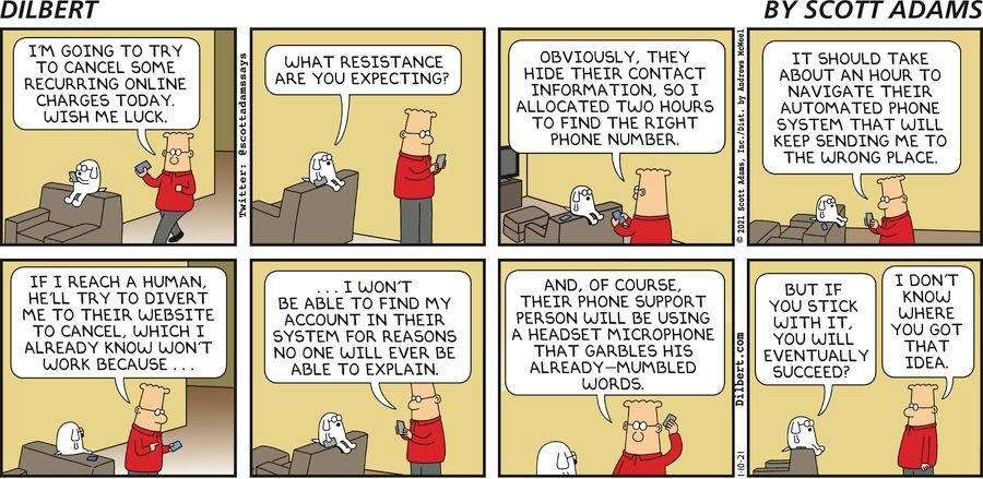 A man in a red shirt talks to a ghostly white dog about canceling online charges. — Dilbert Wallpaper