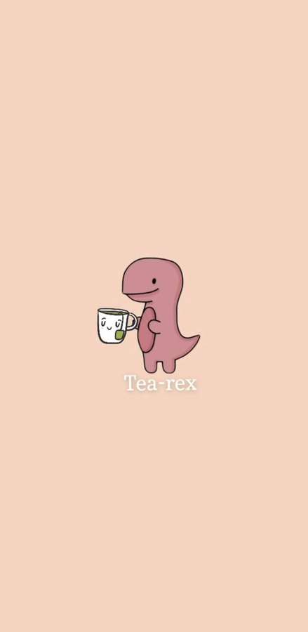 Pink cartoon dinosaur holding a teacup with smiling face. — Dino Kawaii iPhone Wallpaper
