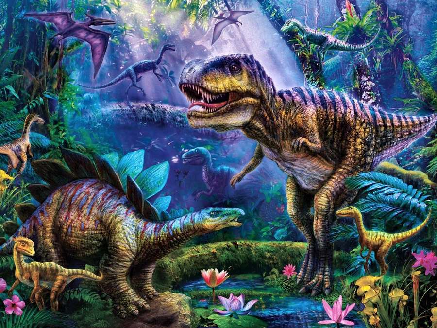 Los dinosaurios deambulan por una exuberante jungla prehistórica con flores coloridas y helechos. — Dinosaur Fondos de pantalla