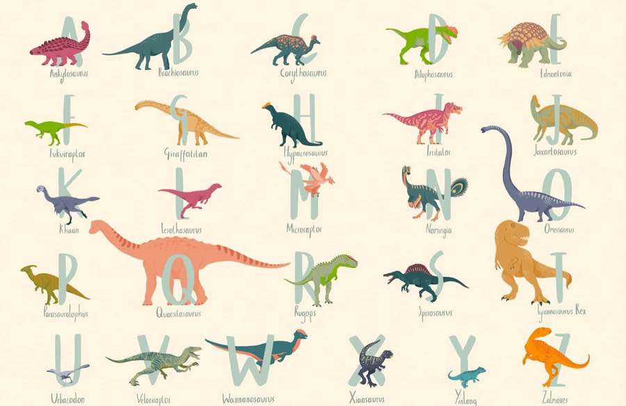 Gráfico del alfabeto con dinosaurios de dibujos animados etiquetados de la A a la Z — Dinosaurio animado Imágenes