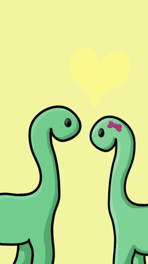 Dois dinossauros verdes de desenho animado se aninhando com um coração acima deles. — Dinossauro Kawaii Papéis de Parede