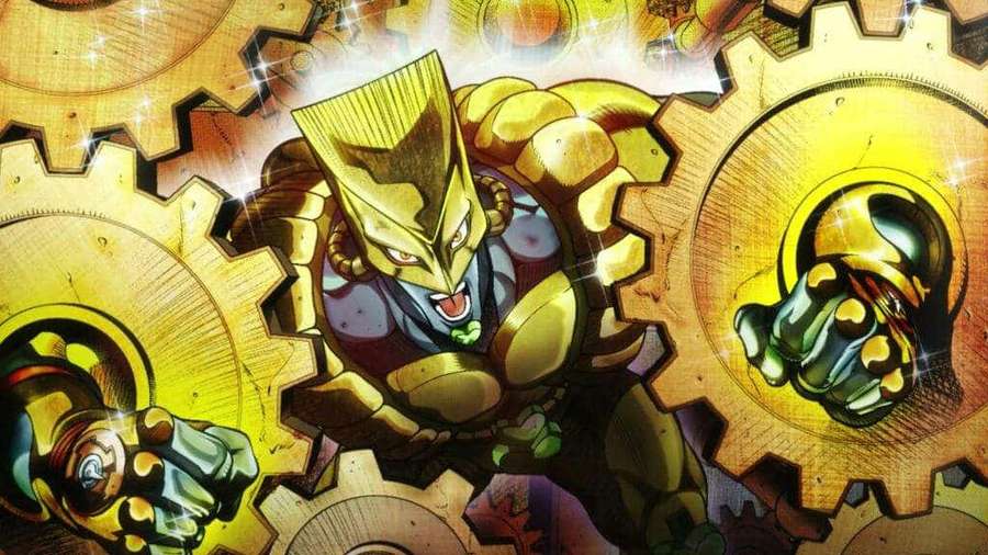 Anime character in golden armor punches through mechanical gears with glowing fists. — Dio The World Wallpaper