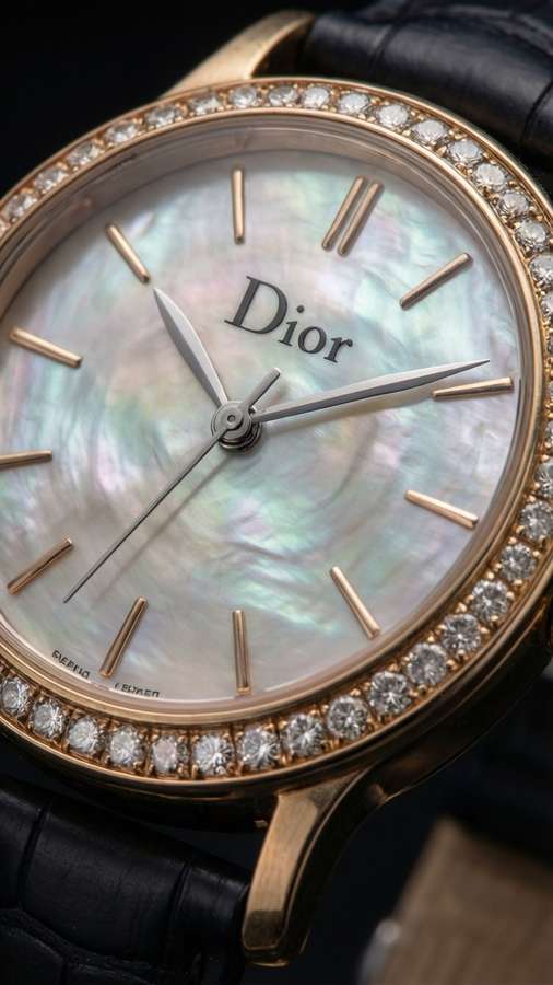 Close-up of a luxurious Dior watch with mother-of-pearl dial and diamonds. — Dior iPhone Picture