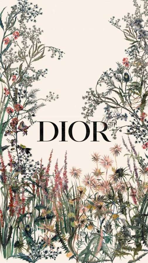 Dior logo surrounded by detailed floral artwork in soft pastel tones. — Dior Wallpaper