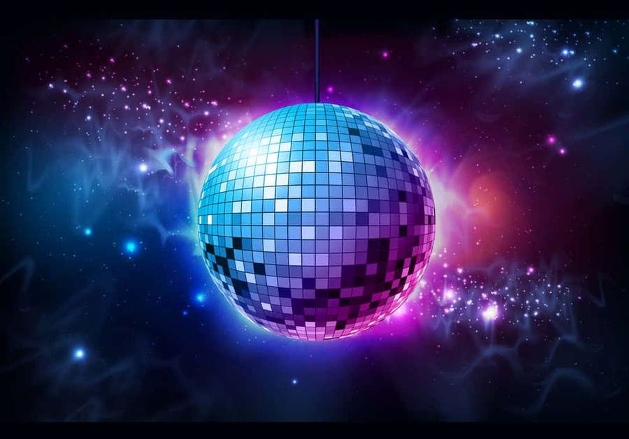 Disco ball floating in colorful cosmic space with glowing stars and nebulae. — Disco ball Background