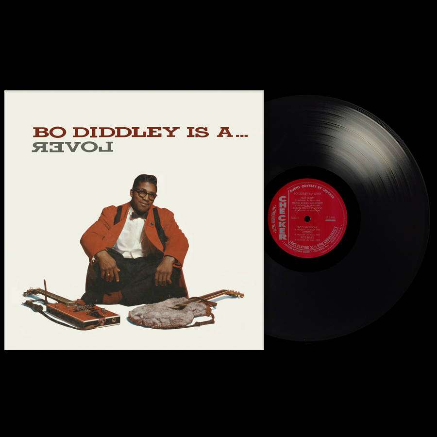 Capa de álbum Bo Diddley com disco de vinil e violões — Disco de vinil Papéis de Parede