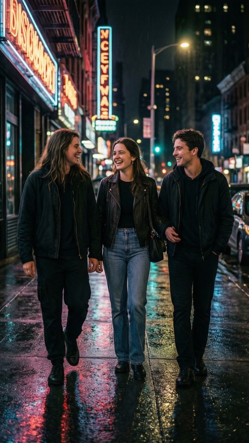 A vertical cinematic scene of friends discussing while walking at night. — Discussion Wallpaper