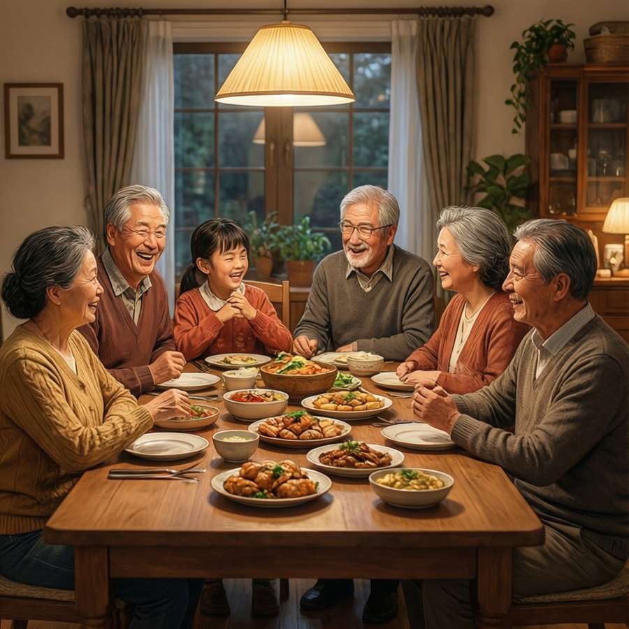 A square illustration of a family discussing over dinner. — Discussion Picture