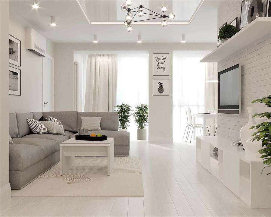 Una sala de estar moderna con paredes blancas, sofá gris y piso de madera clara con lámpara de araña y plantas de interior. — Diseño minimalista Fondos de pantalla